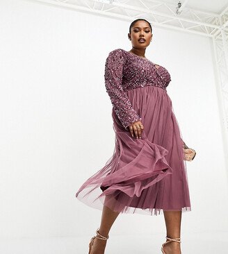 Beauut Plus Bridesmaid long sleeve embellished midi dress in mauve