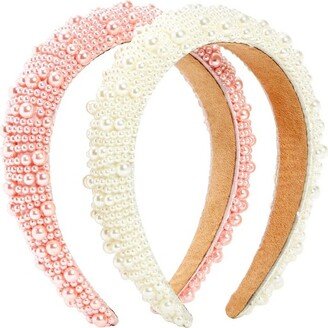 Glamlily 2 Pack Crystal Padded Puffy Headbands, Rhinestone Pearl Hair Accessories with Beads, Pink & White