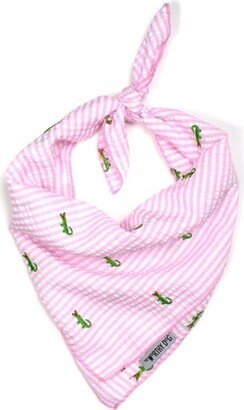 The Worthy Dog Seerucker Stripe Embroidered Alligator Claic Square Tie-On Bandana - Pink - S