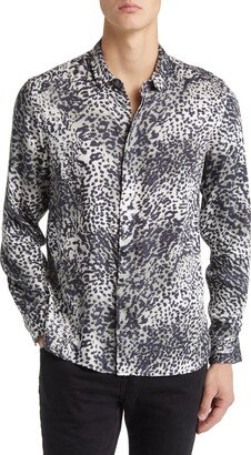 Rodney Cat Print Satin Button-Up Shirt