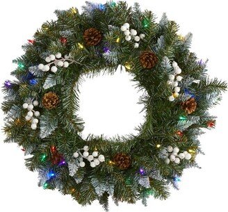 24 Pre-lit LED Snow-Tipped Pine Decorated Artificial Christmas Wreath Green with Multicolor Lights