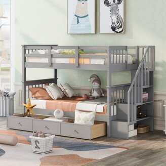 Calnod Stairway Twin-Over-Twin Bunk Bed with Three Drawers for Bedroom, Dorm - Gray