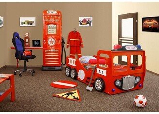 Fire Truck Kids Panel Bed with Mattress