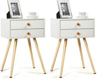 2PCS Mid Century Modern 2 Drawers Nightstand In White Sofa Side Table End Table