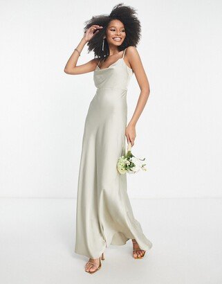 Bridesmaid satin cowl neck maxi dress with full skirt in sage green