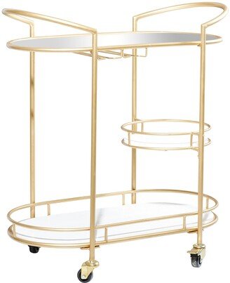 WILLOW ROW Goldtone Metal Contemporary Bar Cart with Lockable Wheels & Mirrored Top