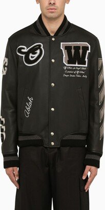 Black leather bomber jacket with patches