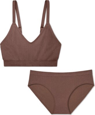 Women's Ribbed Seamless Bralette + Hipster Underwear - Hickory - Modal Nylon