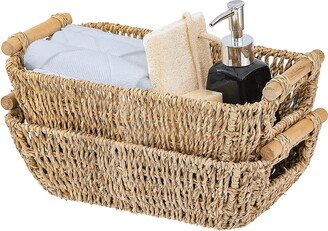 Small Wicker Basket For Bathroom - Woven Seagrass With Wooden Handles Towels, Wash Cloth, Toilet Paper, Toiletries & Miscellaneo