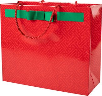 Tote Large Horizontal Fretwork Red with Green Bow