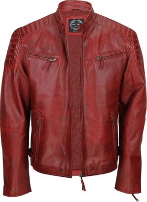 Xposed Mens New Real Leather Fitted Black Tan Brown Retro Zip Smart Casual Biker Jacket [Maroon