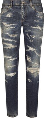 Skinny Denim Stretch Jeans with Abrasions