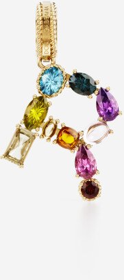 Rainbow alphabet R 18 kt yellow gold charm with multicolor fine gems