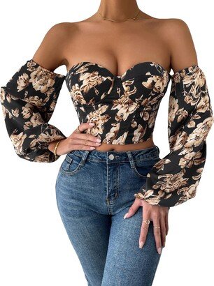 MakeMeChic Women's Floral Off Shoulder Long Sleeve Lace Up Bustier Crop Top Blouse Black XS