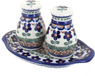 Blue Rose Pottery Blue Rose Polish Pottery Aztec Flower Salt & Pepper Shakers with Tray