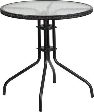 Emma and Oliver 28 Round Tempered Glass Metal Table with Black Rattan Edge