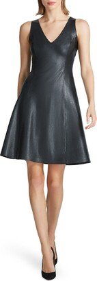 V-Neck Faux Leather A-Line Dress