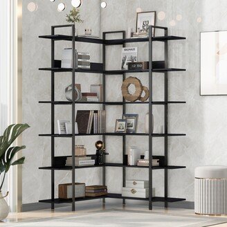 Simplie Fun 74.8 Inch Bookshelf L-shaped Mdf Boards Stainless Steel Frame Corner 6-tier Shelves Adjustable Foot Pads, Black