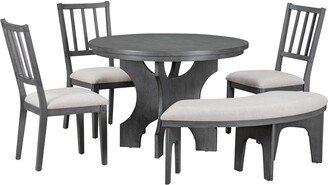 BEYONDHOME Round Dining Table Set with Curved Bench & Chairs