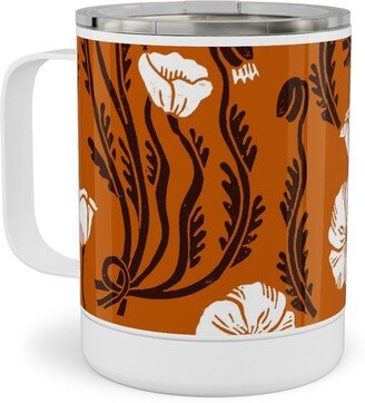 Travel Mugs: Poppy, Fall Harvest Block Printed Vintage Florals Stainless Steel Mug, 10Oz, Orange