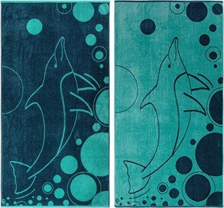 Mystic Dolphin Cotton Oversized Reversible Beach Towel Set of 2, Teal - Blue Nile Mills