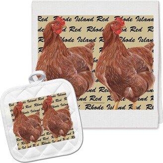 Chicken Rhode Island Red Kitchen Dish Towel & Pot Holder Gift Set