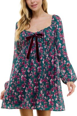 Juniors' Printed Bow-Detail Babydoll Dress - Forest/mul
