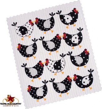 Retro Black & White Country Chicken Design On Swedish Dishcloth With Fancy Scalloped Edge, Eco Friendly Scrub Cloth For Home Or Office