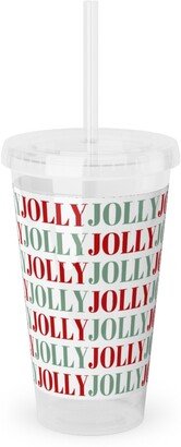 Travel Mugs: Jolly Print Repeat Acrylic Tumbler With Straw, 16Oz, Red