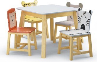 Simplie Fun 5 Piece Kiddy Table and Chair Set, Kids Wood Table with 4 Chairs Set Cartoon Animals (bigger table) (3-8 years old)