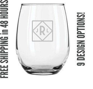 Custom Engraved Stemless Wine Glass, Personalized, Last Name, Monogram Or Initials, Wedding Gift, Bridesmaid Gift Ships in 48 Hours