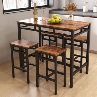 5 Piece Bar Table Set, Dining Table and Chairs Set, Rustic Brown