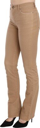 Brown Cotton Stretch Mid Waist Skinny Trousers Women's Pants