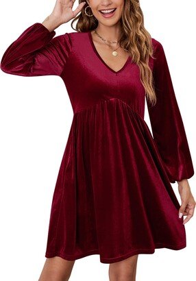 KOJOOIN V Neck Velvet Dress for Women Long Sleeve Ruffle Midi Dress Wedding Party Dress with Pockets Burgundy velvet-02 L