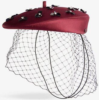 Womens Burgundy Tess Flower-embellished Woven Beret