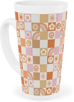 Mugs: Retro Checkerboard - Daisy, Smile, Happy - Pink Orange Tall Latte Mug, 17Oz, Orange