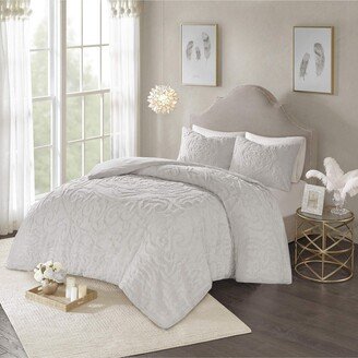 Gracie Mills Laetitia 3-Piece Cotton Chenille Medallion Duvet Cover Set, Grey - Full/Queen