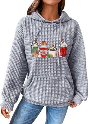 Generic Women's Hooded Sweatshirt Christmas Milk Tea Print Drawstring Plaid Fabric Pocket Sweatshirt Pullover (Grey-b