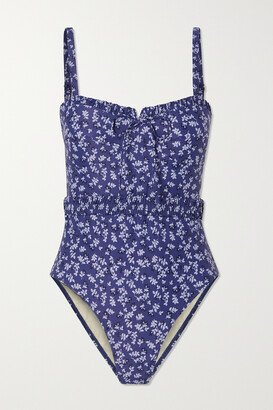 Net Sustain Vacation Ruched Floral-print Stretch-econyl Swimsuit - Blue