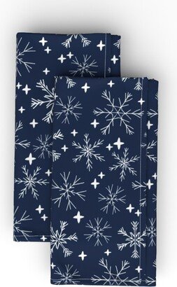 Cloth Napkins: Winter Snowflakes On Navy Blue Cloth Napkin, Longleaf Sateen Grand, Blue