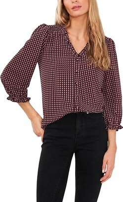 Geo Print Button Front V-Neck Blouse (Deep Mulberry) Women's Clothing