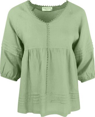 Haris Cotton “V” Neck Linen Long Sleeved Blouse - Grecian Green