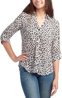 Juniors' Printed Button-Front Roll-Tab-Sleeve Shirt