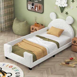 EDWINRAY Twin Size Teddy Fleece Platform Bed with Cute Carton Ear Headboard, Lively Scalloped Silhouette, for Kids Bedroom or Guest Room