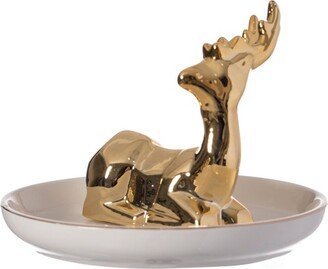 Modern Ceramic Trinket Dish Accent Plate Jewelry Holder White Plate and Gold Deer