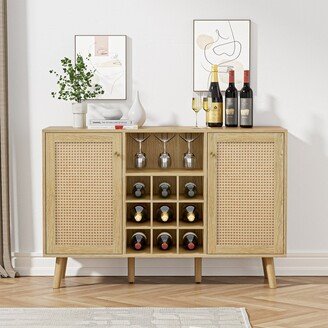 Anmytek Oak Rattan Wine Bar Cabinet 2-Door Farmhouse Liquor Cabinet with Wine Rack and Glass Holder Buffet Sideboard