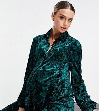 Flounce London Maternity relaxed shirt in emerald velvet - part of a set