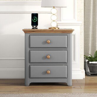 BESTCOSTY 3-Drawer Wooden Nightstand with USB Charging Ports