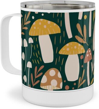 Travel Mugs: Woodland Mushroom Meadow - Green Stainless Steel Mug, 10Oz, Green