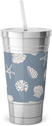 Travel Mugs: Seashells Summer Beach - Dusty Blue Stainless Tumbler With Straw, 18Oz, Blue